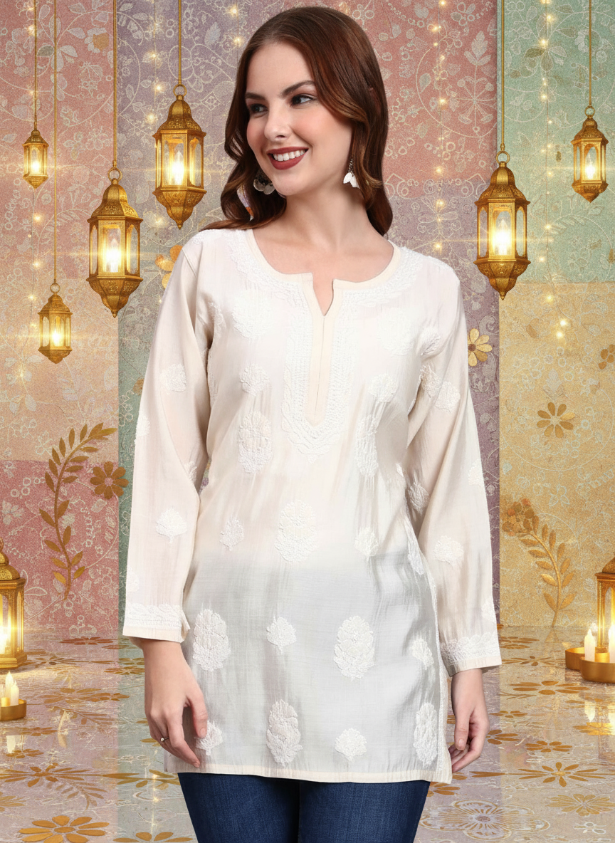 Women Hand Embroidered Chikankari Chanderi Short Kurti-AL4090 Beige