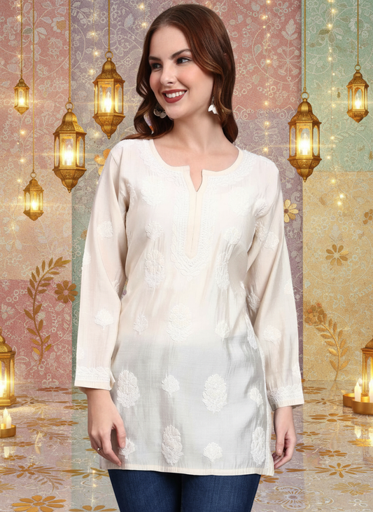 Women Hand Embroidered Chikankari Chanderi Short Kurti-AL4090 Beige