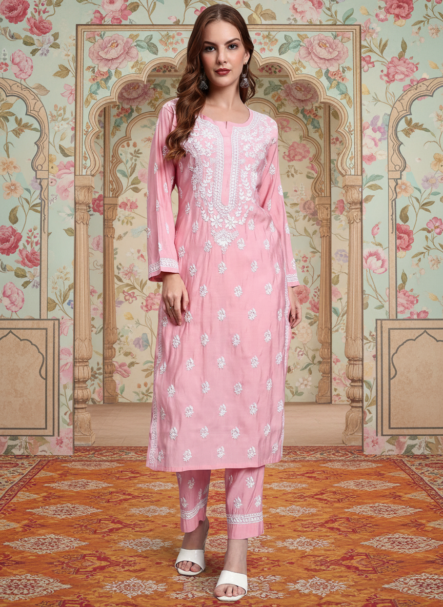 Women Hand Embroidered Chikankari Chanderi Kurta Set-AL4089KS Pink