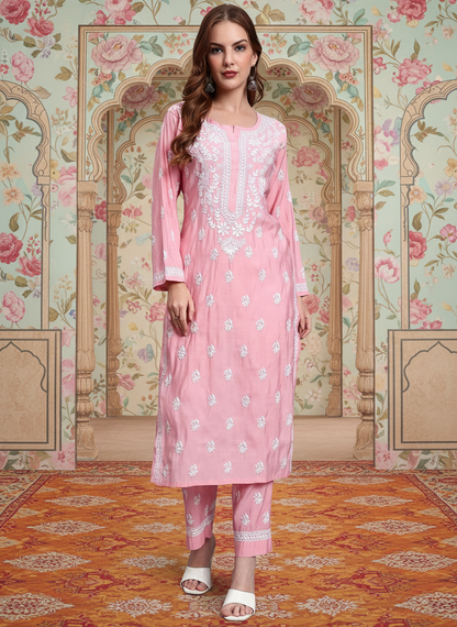 Women Hand Embroidered Chikankari Chanderi Kurta Set-AL4089KS Pink