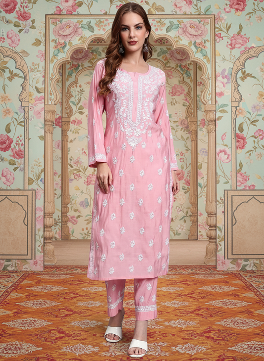 Women Hand Embroidered Chikankari Chanderi Kurta Set-AL4089KS Pink