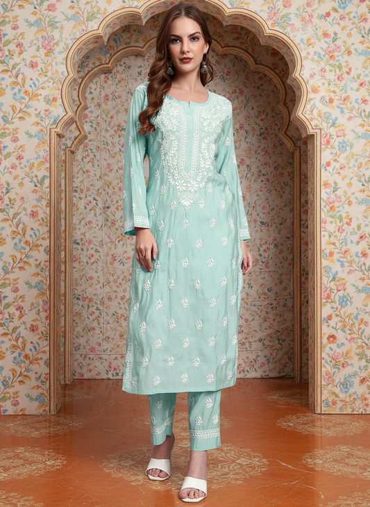 Women Hand Embroidered Chikankari Chanderi Kurta Set-AL4089KS Sea Green