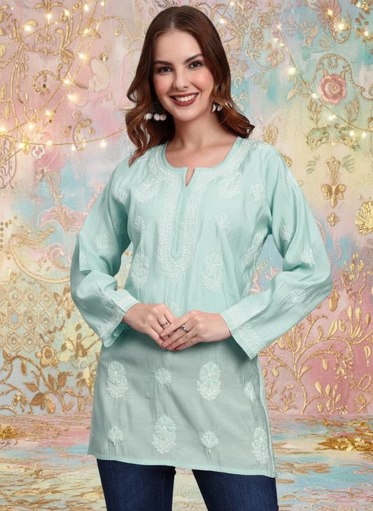 Women Hand Embroidered Chikankari Chanderi Short Kurti-AL4090 Sea Green