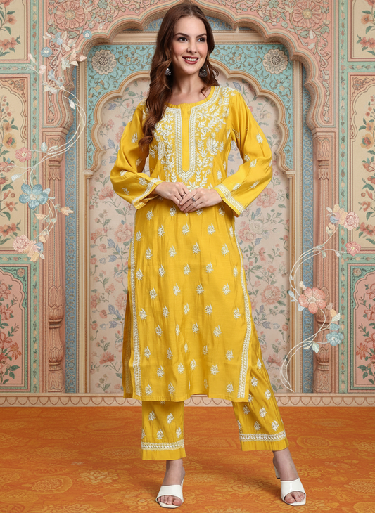 Women Hand Embroidered Chikankari Chanderi Kurta Set-AL4089KS Yellow