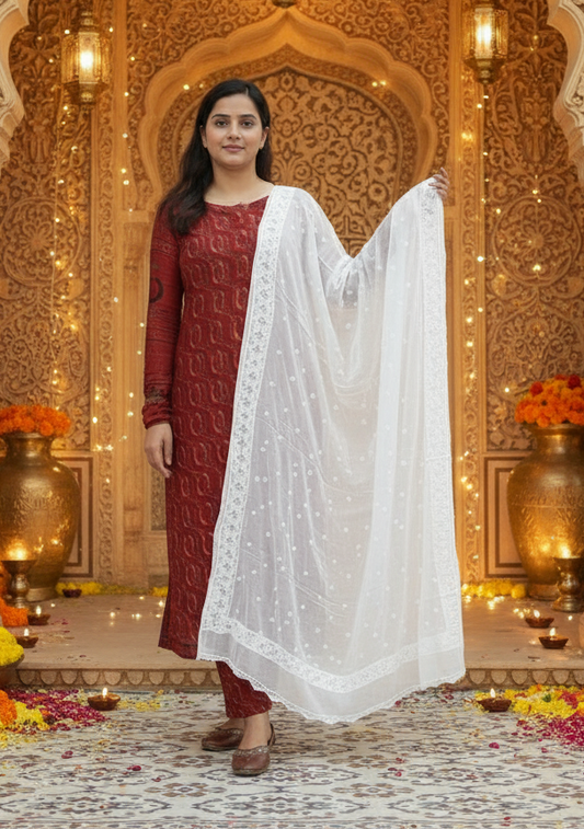Women Hand Embroidered Chiffon Chikankari Dupatta-AL4097