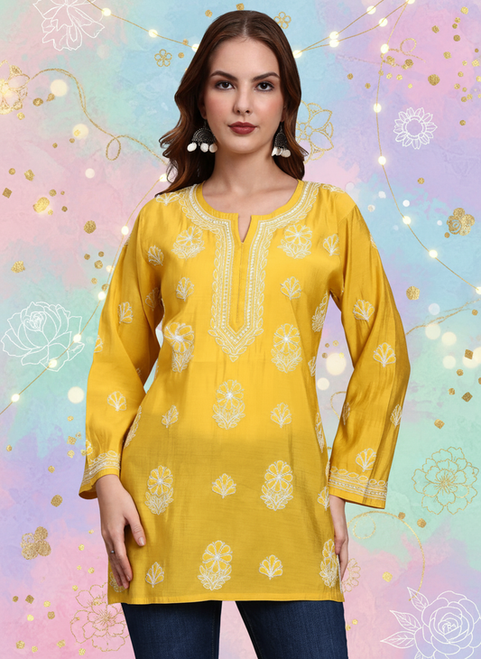 Women Hand Embroidered Chikankari Chanderi Short Kurti-AL4090 Yellow
