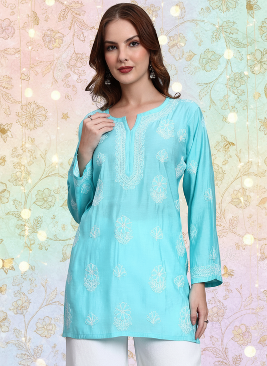 Women Hand Embroidered Chikankari Chanderi Short Kurti-AL4090 Sky Blue