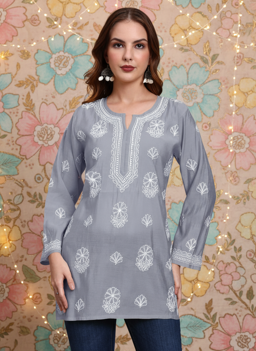 Women Hand Embroidered Chikankari Chanderi Short Kurti-AL4090 Grey