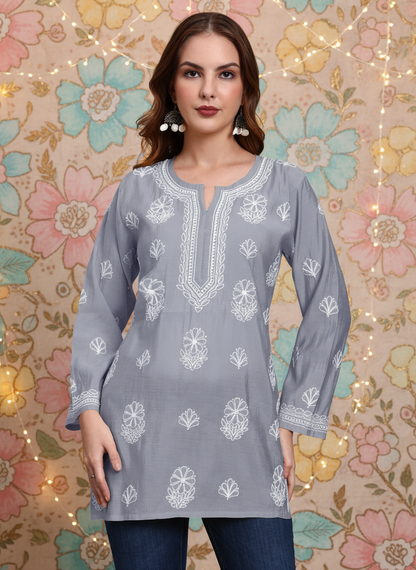 Women Hand Embroidered Chikankari Chanderi Short Kurti-AL4090 Grey