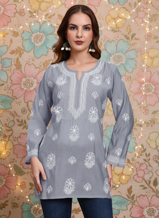 Women Hand Embroidered Chikankari Chanderi Short Kurti-AL4090 Grey