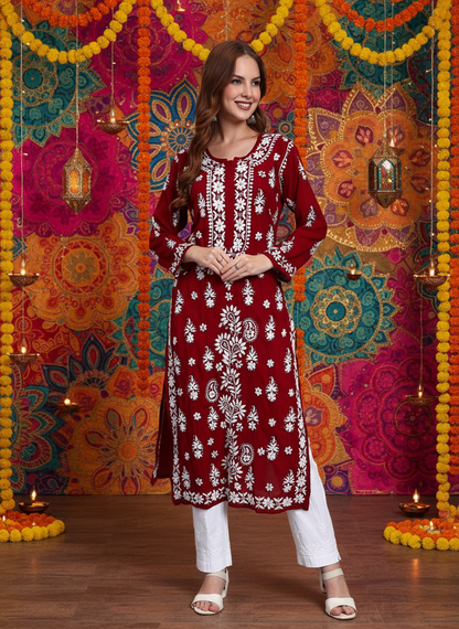 Women Hand Embroidered Chikankari Modal Straight Kurta-AL4042 Maroon