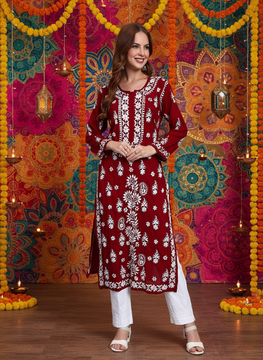 Women Hand Embroidered Chikankari Modal Straight Kurta-AL4042 Maroon