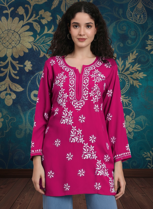 Women Hand Embroidered Chikankari Rayon Short Kurti-AL4071 Magenta