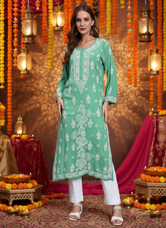 Women Hand Embroidered Chikankari Modal Straight Kurta-AL4042 Mint