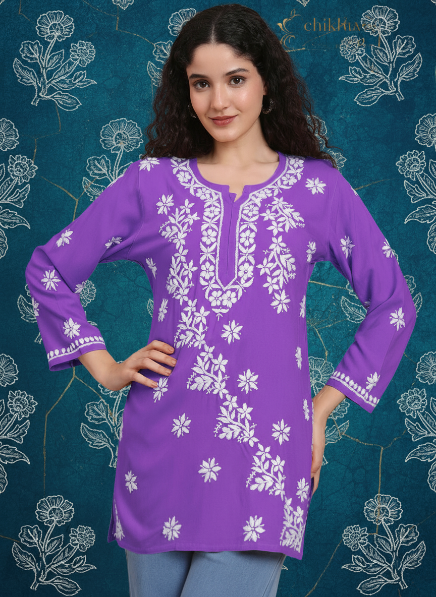 Women Hand Embroidered Chikankari Rayon Short Kurti-AL4071 Mauve