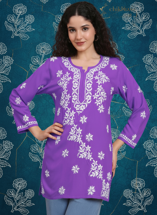 Women Hand Embroidered Chikankari Rayon Short Kurti-AL4071 Mauve