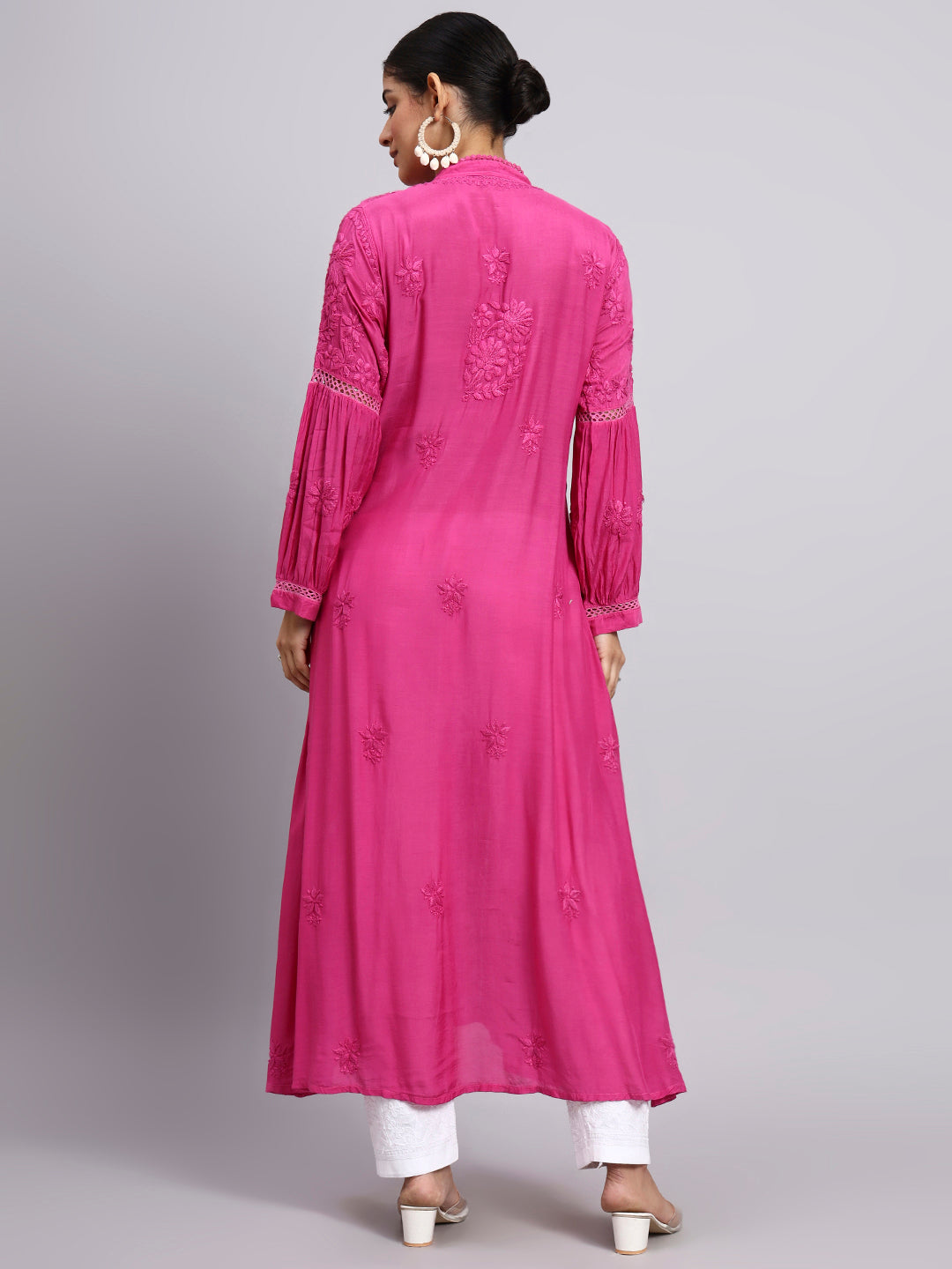 Hand Embroidered Chikankari Muslin Kurta-AL4100 Magenta