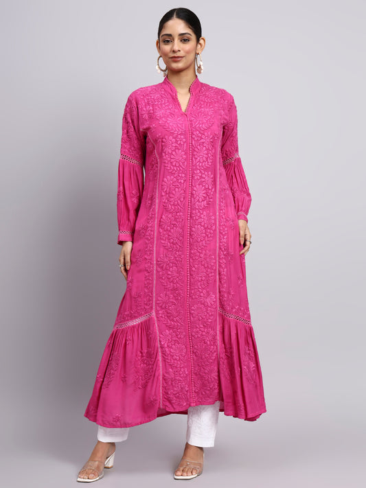 Hand Embroidered Chikankari Muslin Kurta-AL4100 Magenta