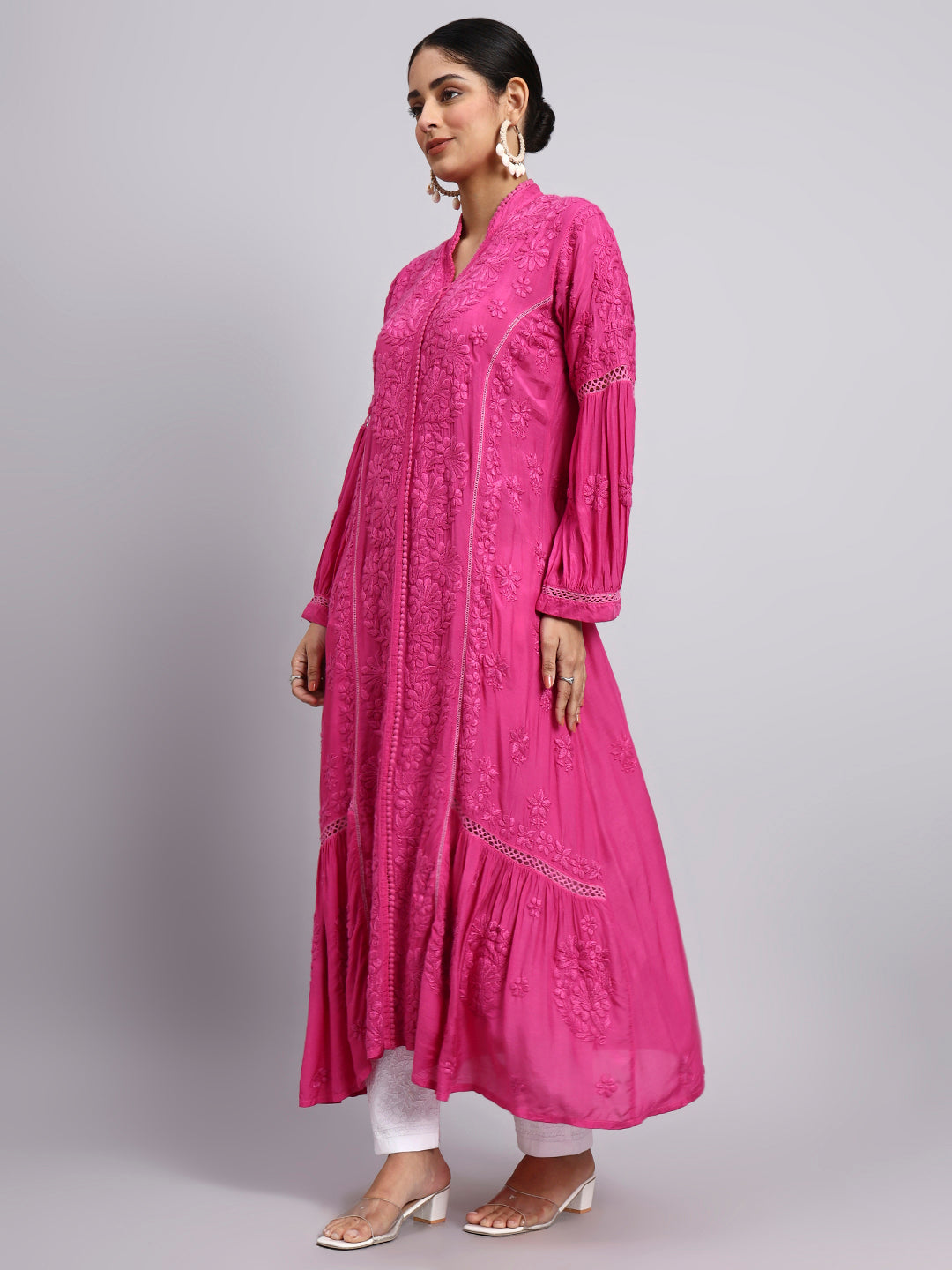 Hand Embroidered Chikankari Muslin Kurta-AL4100 Magenta