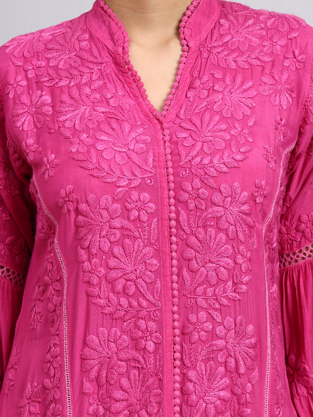 Hand Embroidered Chikankari Muslin Kurta-AL4100 Magenta