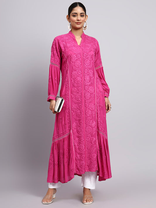 Hand Embroidered Chikankari Muslin Kurta-AL4100 Magenta