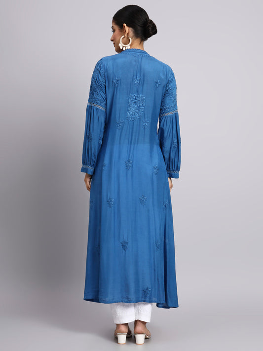 Hand Embroidered Chikankari Muslin Kurta-AL4100 Blue