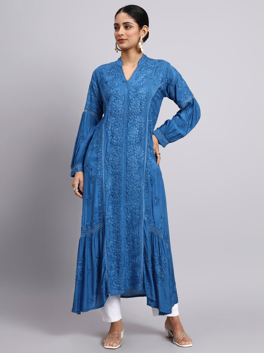 Hand Embroidered Chikankari Muslin Kurta-AL4100 Blue