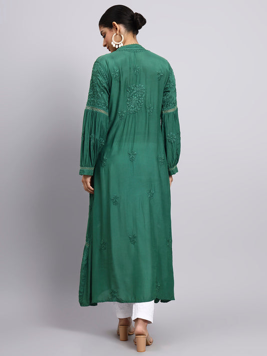 Hand Embroidered Chikankari Muslin Kurta-AL4100 Green