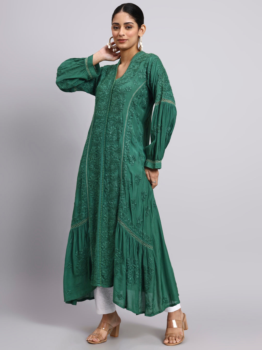 Hand Embroidered Chikankari Muslin Kurta-AL4100 Green