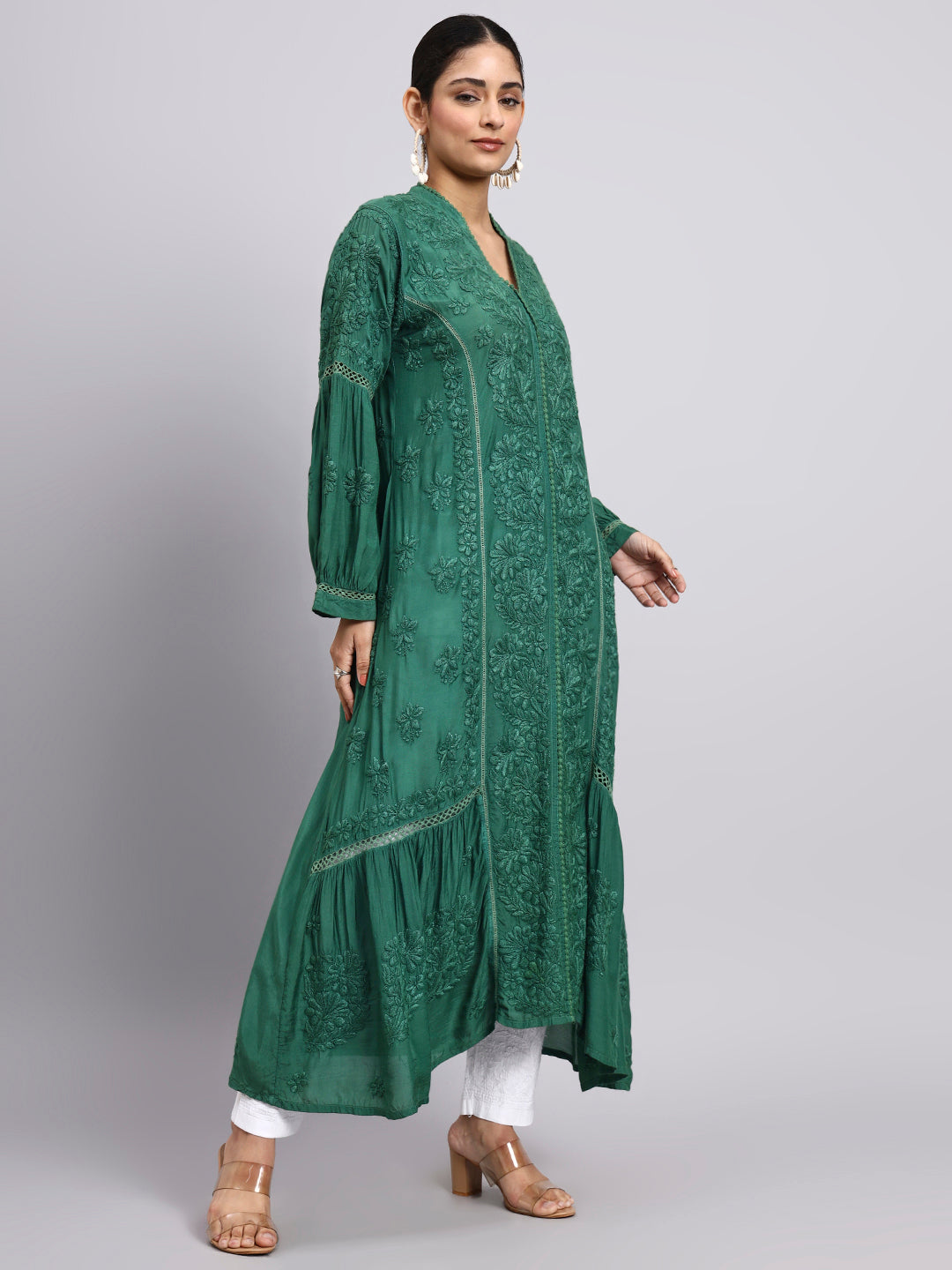 Hand Embroidered Chikankari Muslin Kurta-AL4100 Green