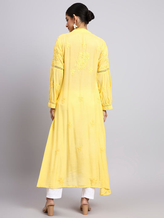 Hand Embroidered Chikankari Muslin Kurta-AL4100 Yellow