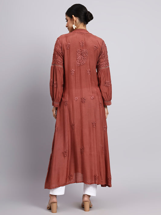 Hand Embroidered Chikankari Muslin Kurta-AL4100 Brown