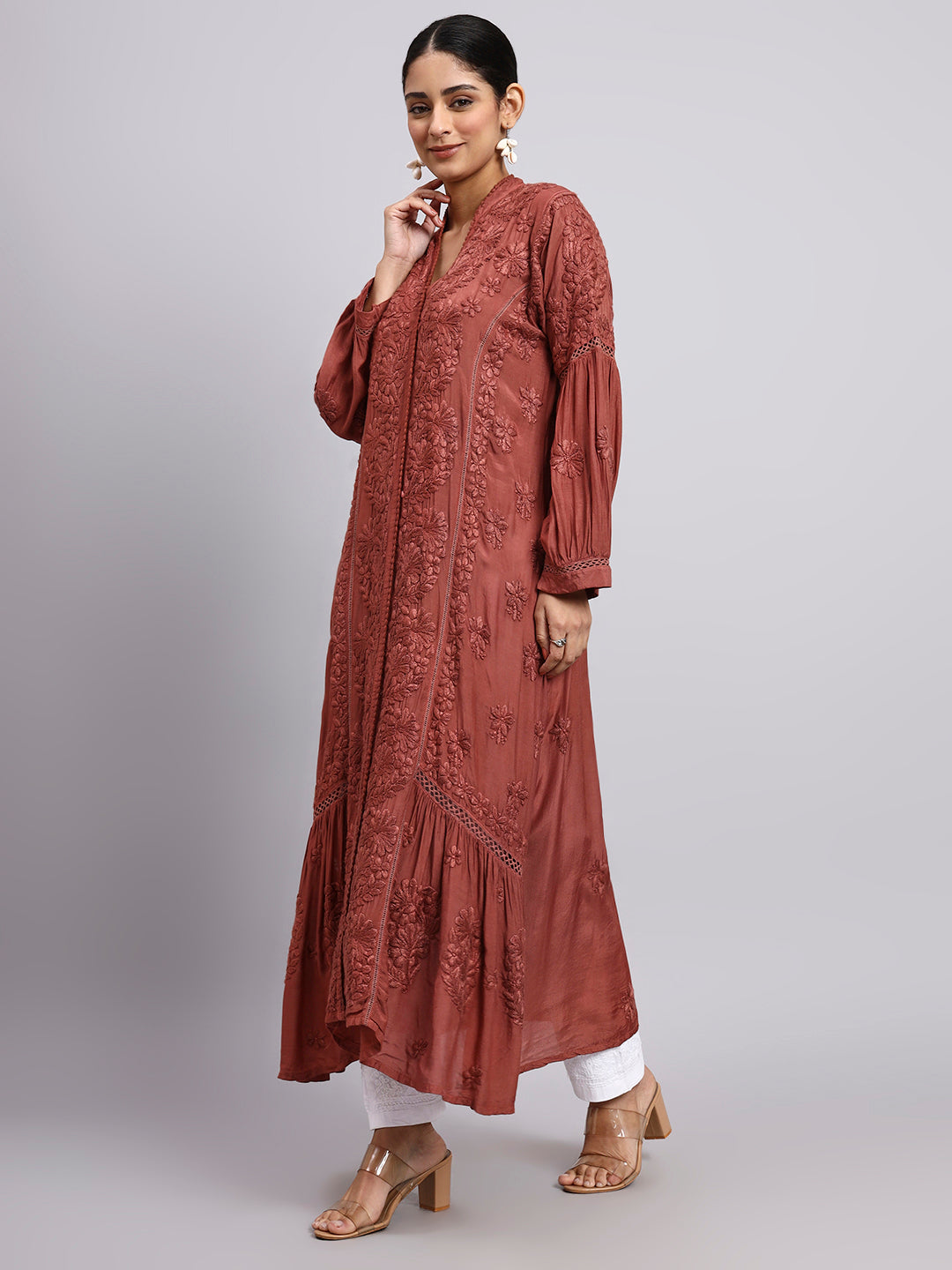 Hand Embroidered Chikankari Muslin Kurta-AL4100 Brown