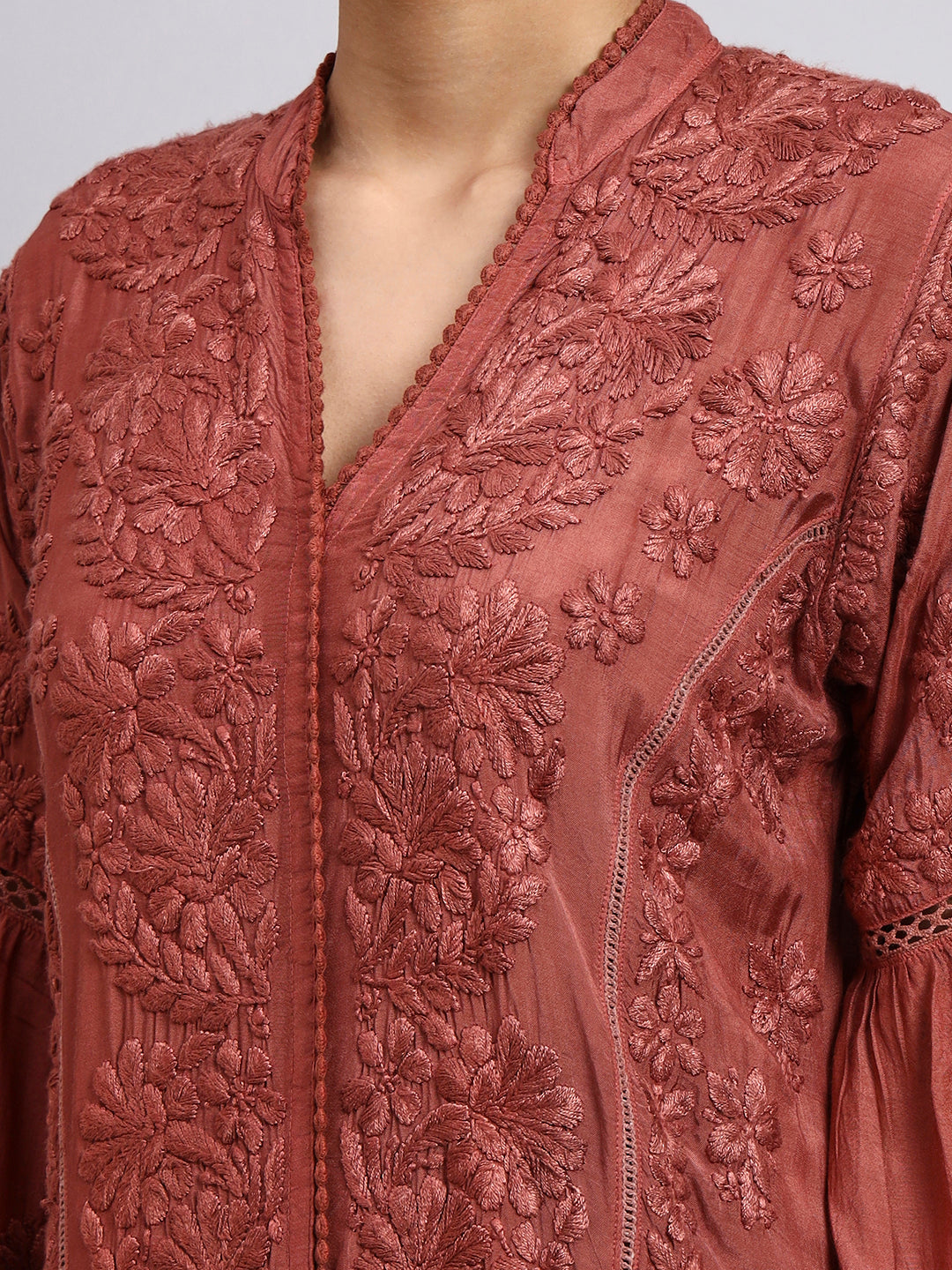 Hand Embroidered Chikankari Muslin Kurta-AL4100 Brown