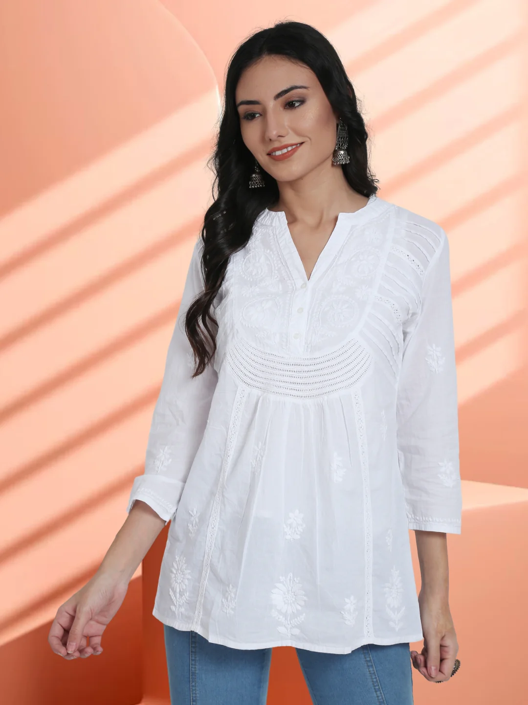Chikankari Women Hand Embroidered Cotton Short Kurti AL2945