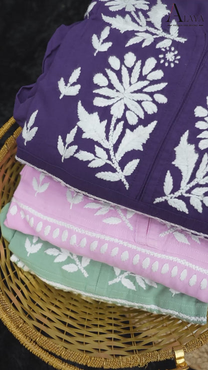 Women Hand Embroidered Lucknowi Chikankari Rayon Kurta Set-AL4077KS Purple