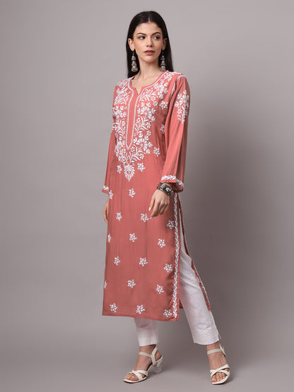 Women Hand Embroidered Chikankari Modal Kurta-AL4059 Rust