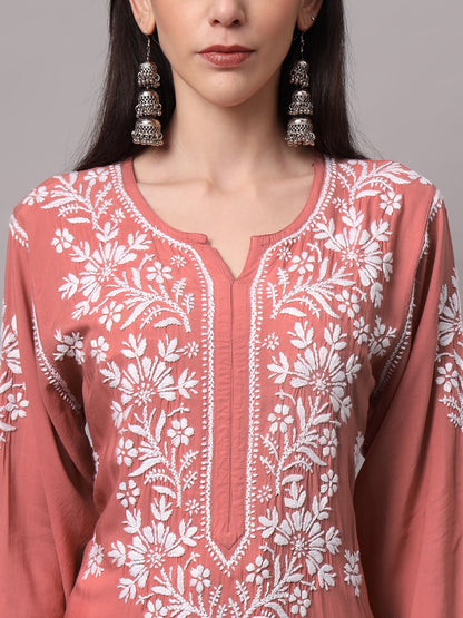 Women Hand Embroidered Chikankari Modal Kurta-AL4059 Rust